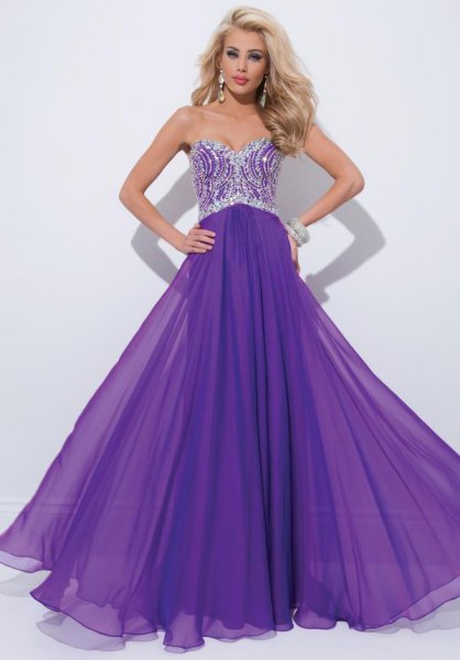 silver and purple two toned fit and flare floor length dress