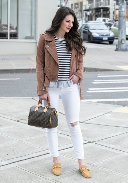 camel leather jacket with striped tee and mustard yellow backless boards