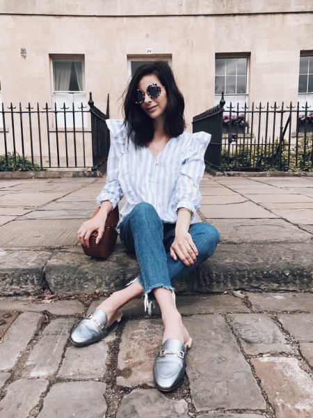 blue and white striped button up shirt with cropped jeans
