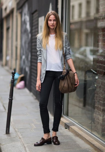 gray casual blazer with white chiffon top and ankle jeans