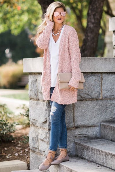 light gold casual fit cardigan with white v-neck tee