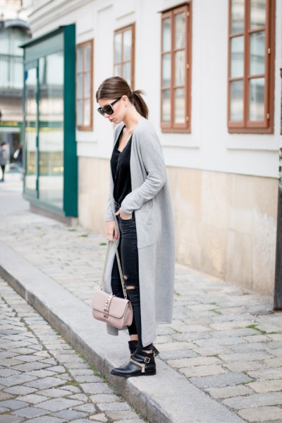 maxi longline cashmere jacket with all black outfit