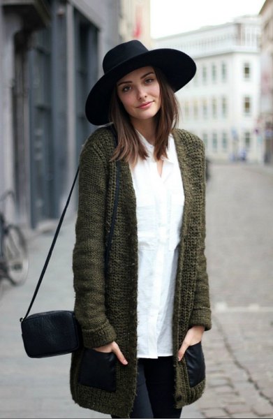 black felt hat with long gray knitted sweater cardigan