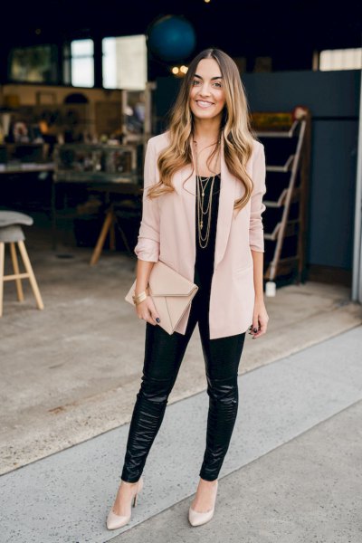 blush pink thin blazer with black leather leggings