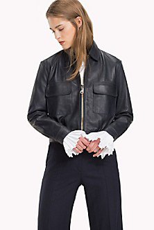 black leather sporty coat with dark straight jeans