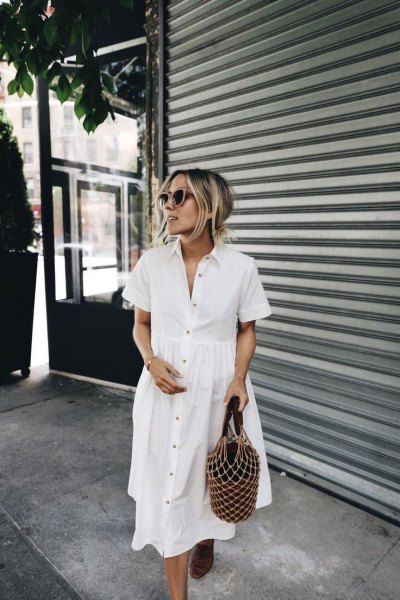 white button up cotton shirt dress with sandals