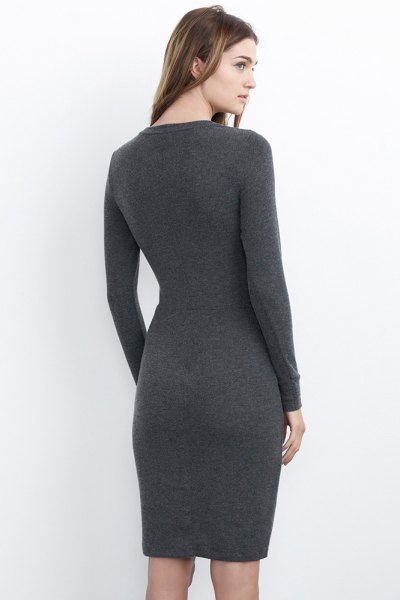 gray form fitting long sleeve shirt with knitted dress with pale pink heels