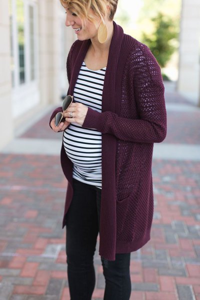 black longline mommy cardigan with striped long sleeve casual fit tee