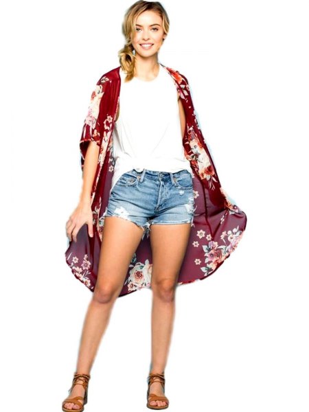 black floral printed long back cardigan with white sleeveless top and denim shorts