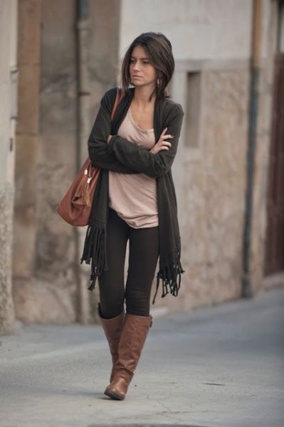 dark gray french jacket with light pink top with shoe neck and brown leather shoes
