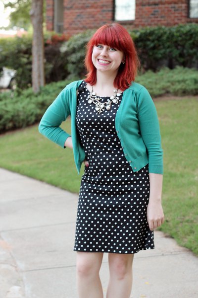 gray cropped cardigan with black and white polka dot dress