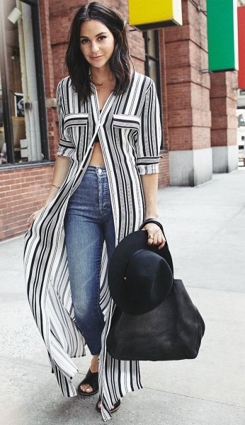 black and white striped maxi button up half-heated blouse with jeans