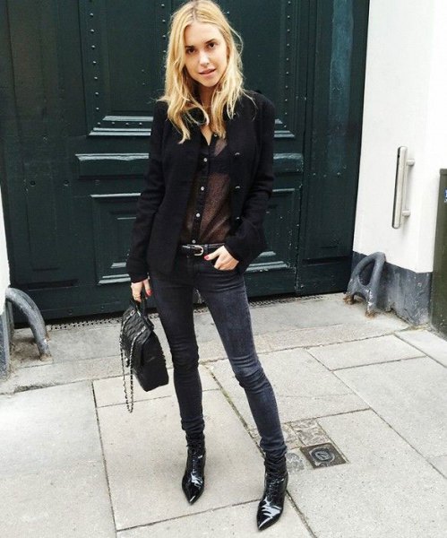 black blazer with semi clean blouse and suede moto jeans