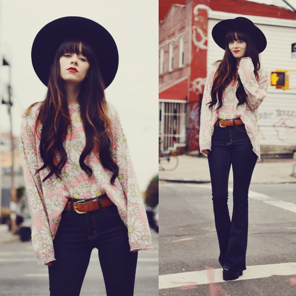 black felt hat with pale pink blouse and high waisted pants