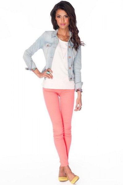 blue denim-fitted jacket with pink jeans