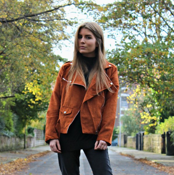 brown suede blazer with black leather jacket