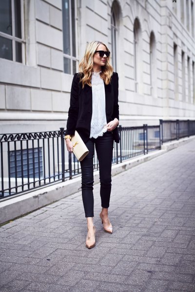 black blazer with white lace blouse and skinny velvet jeans