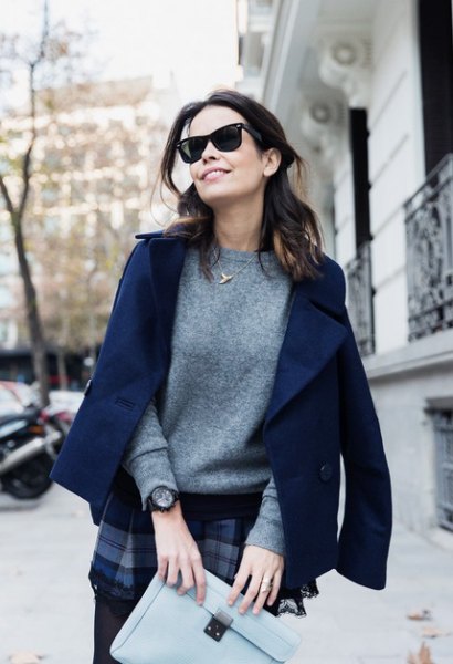 navy blue wool blazer with cashmere sweater and plaid mini skirt