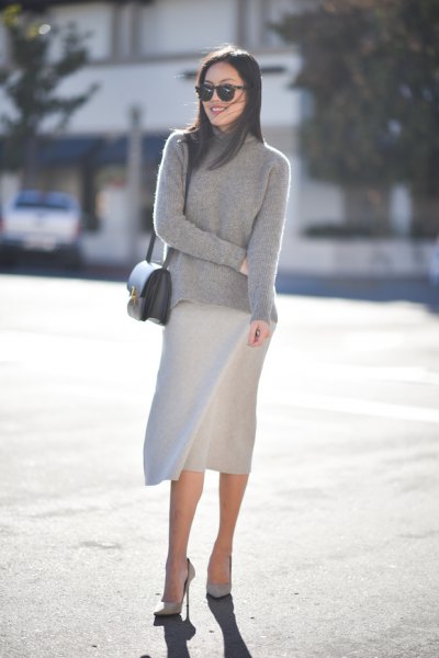 gray suede with knee-length skirt