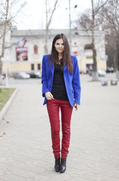 royal blue blazer with red leather pants