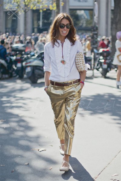 white ruffle neckline with gold metal trousers