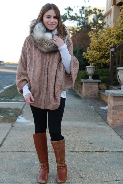 gray cable knitted cape sweater with faux fur infinity scarf