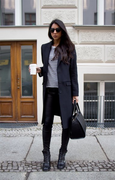 black long wool coat with striped tee and slim jeans