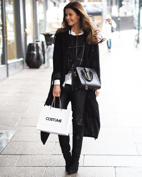 black long coat with white collar shirt and cropped sweater