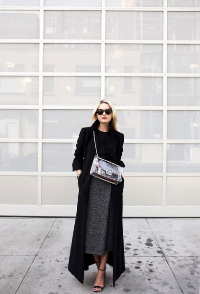 black maxi length skirt with sweater and midi heather gray skirt