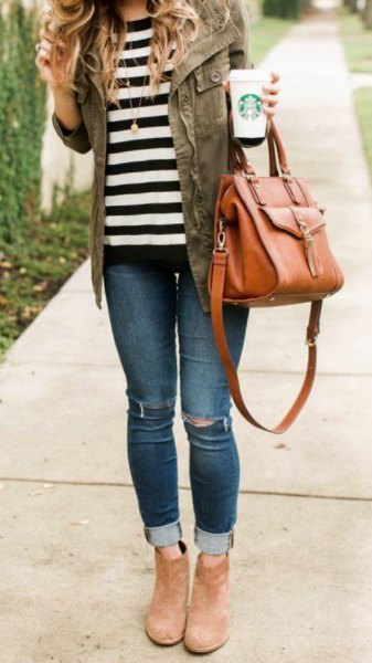 gray denim jacket with striped t-shirt and suede suede boots