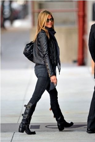 black leather jacket with skinny jeans and knee-high moto boots