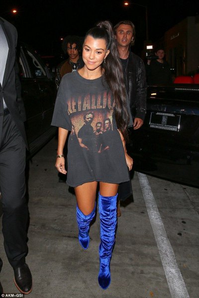 gray printed t-shirt dress with royal blue boots in high velvet