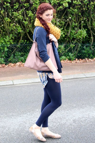 navy blue leather jacket with leggings and light pink ballet flats