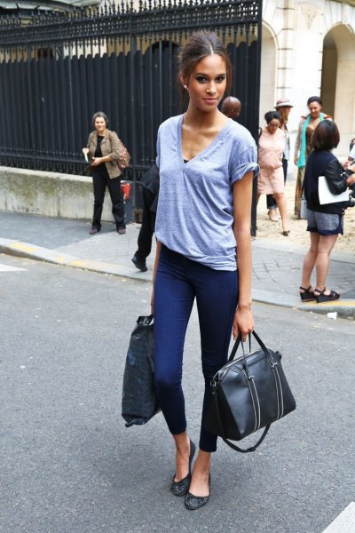 gray v-neck t-shirt with black and white leopard print ballet flats