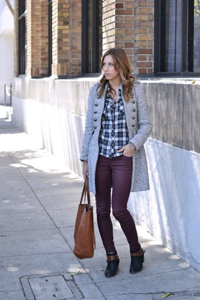 gray knitted longliner skirt with plaid boyfriend shirt and waxed jeans
