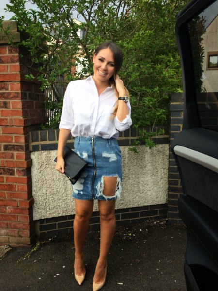 white button up shirt with blue heavily ripped mini skirt