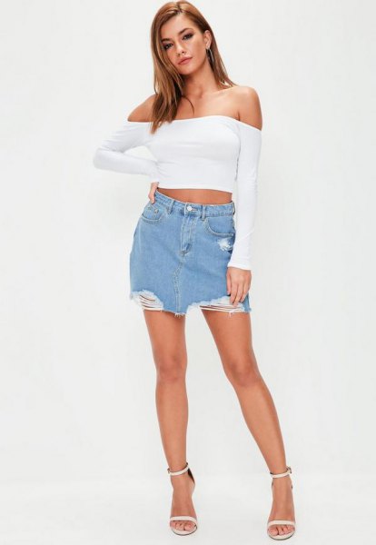 white from the shoulder long-sleeved cropped top with mini denim skirt