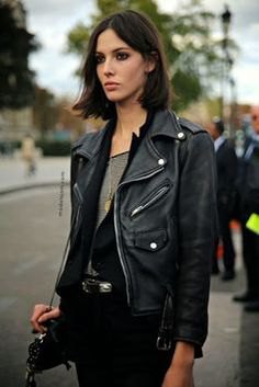 leather bicycle jacket with black vest and gray top