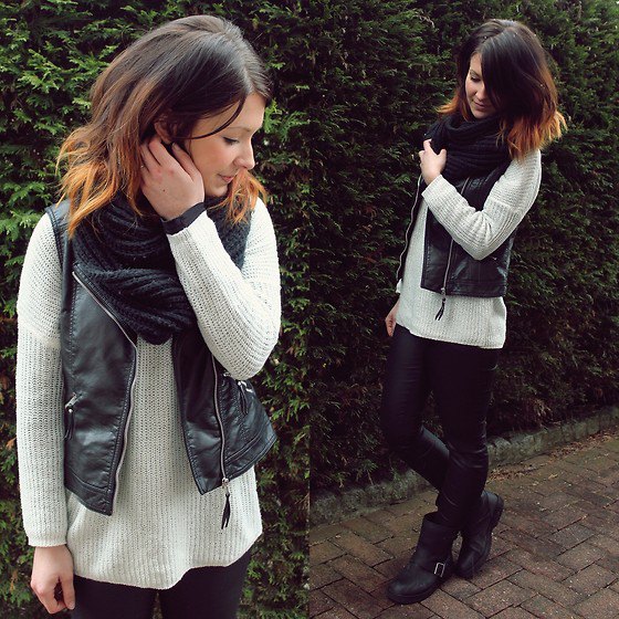 white ribbed sweater with black vest and infinity scarf