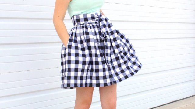 fitted halter top with black and white checker mini skater skirt