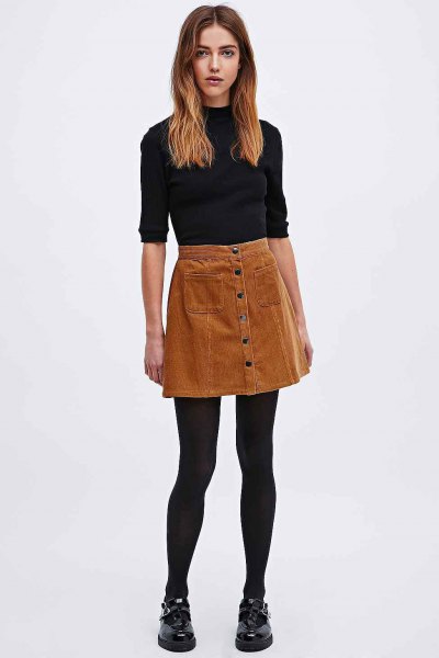 black sweater with half sleeve in black neck with brown button neck mini skirt