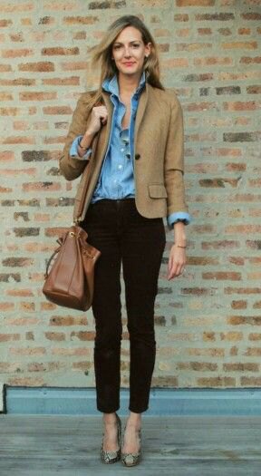 brown blazer with blue chambray button up shirt with black cropped jeans
