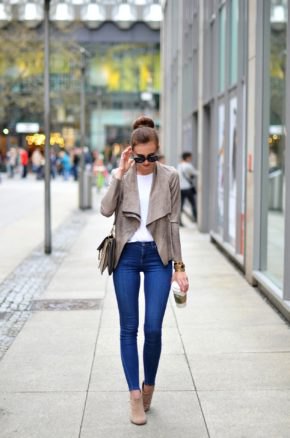 gray suede blazer with blue super skinny jeans