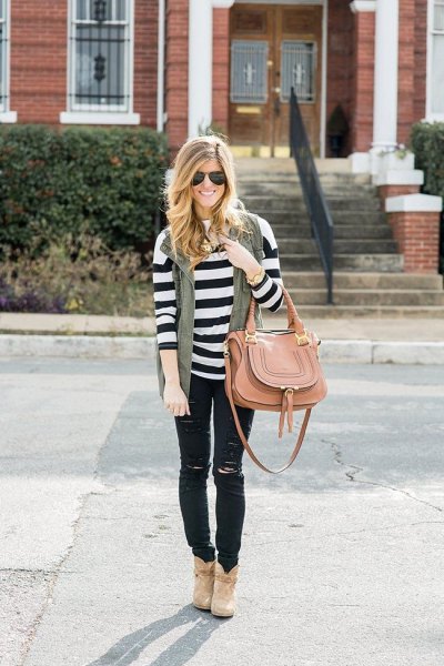 black and white striped long sleeve shirt with ripped jeans