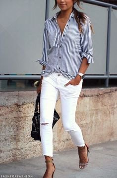 navy and white striped button up shirt with ripped white skinny jeans