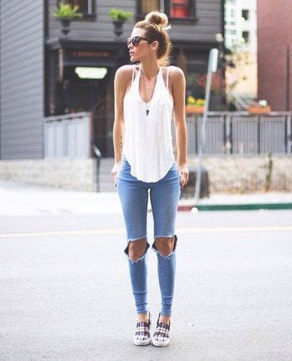 white top with light blue skinny ripped jeans and plaid sneakers