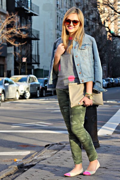 blue denim jacket with gray sweater from crew crew and pink flats