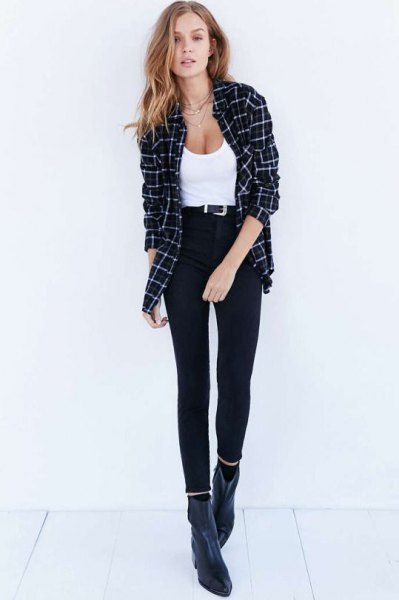 white low cut top with checkered boyfriend shirt and cropped black jeans