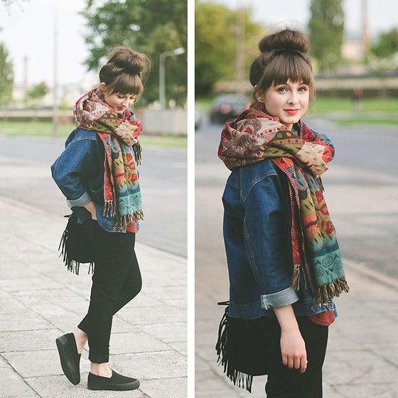 blue denim jacket with stock print scarf and black canvas slip on shoes
