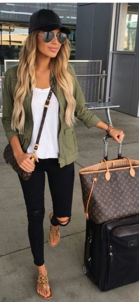 green military blazer jacket with black ripped jeans